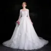 Chic / Beautiful White Wedding Dresses 2018 Ball Gown Buttons Lace Sequins Off-The-Shoulder 3/4 Sleeve Chapel Train Wedding