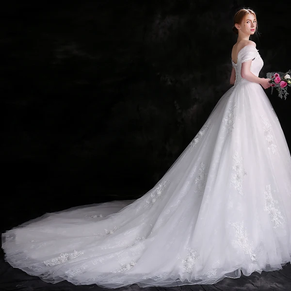Chic / Beautiful White Wedding Dresses 2018 Ball Gown Lace Flower Rhinestone Organza Off-The-Shoulder Backless Sleeveless Cathedral Train Wedding