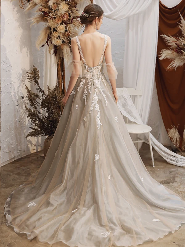Modern / Fashion Grey Prom Dresses 2021 A-Line / Princess Halter Beading Lace Flower Short Sleeve Backless Sweep Train Prom Formal Dresses