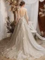 Modern / Fashion Grey Prom Dresses 2021 A-Line / Princess Halter Beading Lace Flower Short Sleeve Backless Sweep Train Prom Formal Dresses
