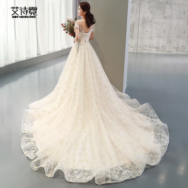 Luxury / Gorgeous Champagne Wedding Dresses 2018 A-Line / Princess Beading Tassel Appliques Lace Scoop Neck Backless Short Sleeve Cathedral Train Wedding