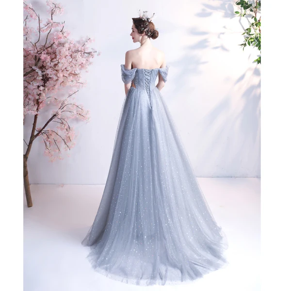 Chic / Belle Gris Robe De Bal 2021 Princesse Encolure Carrée Manches Courtes Dos Nu Perlage Perle En Dentelle Fleur Longue Promo Robe De Ceremonie