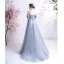 Chic / Belle Gris Robe De Bal 2021 Princesse Encolure Carrée Manches Courtes Dos Nu Perlage Perle En Dentelle Fleur Longue Promo Robe De Ceremonie