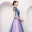 Modern / Fashion Lavender Evening Dresses  2018 A-Line / Princess Appliques Beading Crystal Bow High Neck Backless Short Sleeve Sweep Train Formal Dresses