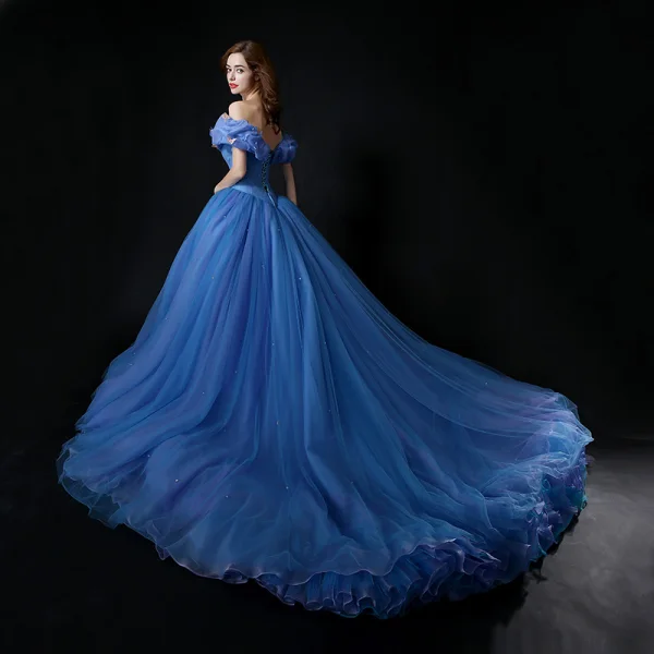 Cinderella Ocean Blue Prom Dresses 2018 Ball Gown Charmeuse Butterfly Off-The-Shoulder Backless Sleeveless Cathedral Train Formal Dresses