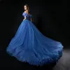 Cinderella Ocean Blue Prom Dresses 2018 Ball Gown Charmeuse Butterfly Off-The-Shoulder Backless Sleeveless Cathedral Train Formal Dresses