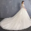 Elegant Champagne Wedding Dresses 2018 Ball Gown Appliques Lace Off-The-Shoulder Backless Sleeveless Chapel Train Wedding