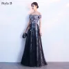 Chic / Beautiful Black Evening Dresses  2018 A-Line / Princess Appliques Lace Flower Crystal Sequins Off-The-Shoulder Sleeveless Backless Floor-Length / Long Formal Dresses