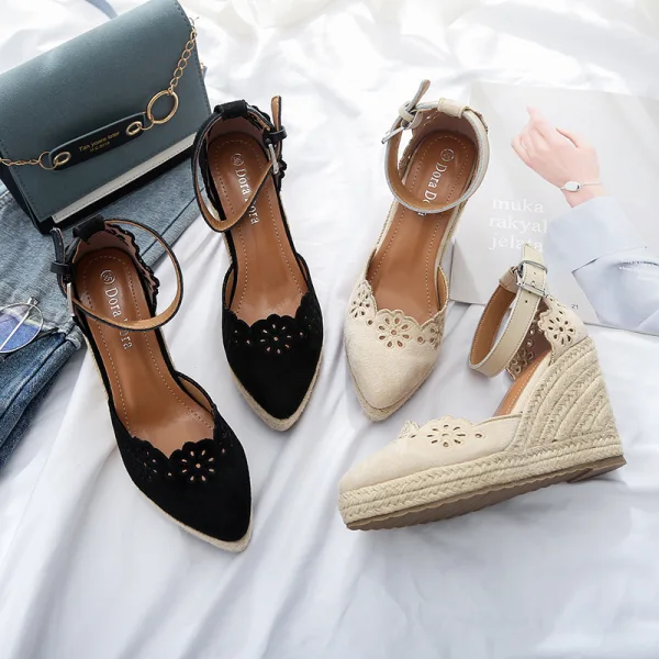 Chic / Beautiful Beige Casual Pierced Flower Womens Shoes 2021 Ankle Strap 10 cm Wedges Pointed Toe Sandals High Heels