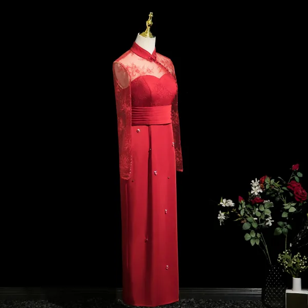 Vintage / Retro Burgundy Lace Flower Trumpet / Mermaid Prom Dresses 2025 High Neck Long Sleeve Floor-Length / Long Formal Dresses