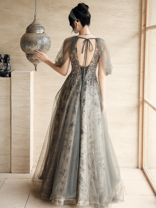 Charmant Gris Perlage Perle Paillettes Robe De Bal 2021 Princesse Titulaire Manches Courtes Dos Nu Longue Promo Robe De Ceremonie