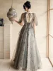 Charming Grey Beading Pearl Sequins Prom Dresses 2021 A-Line / Princess Halter Short Sleeve Backless Floor-Length / Long Prom Formal Dresses