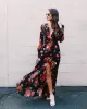 Bohemia Black Casual Maxi Dresses 2018 A-Line / Princess Split Front Printing Sash V-Neck Long Sleeve Floor-Length / Long Womens Clothing