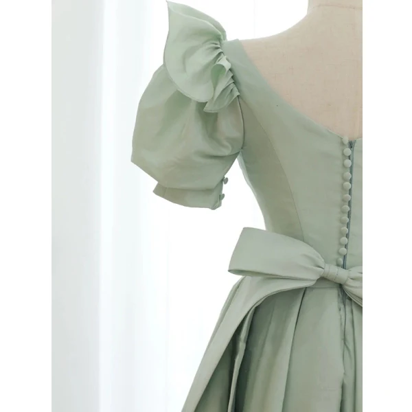 Chic / Beautiful Sage Green Homecoming Satin Graduation Dresses 2021 A-Line / Princess V-Neck Short Sleeve Backless Bow Tea-length Formal Dresses