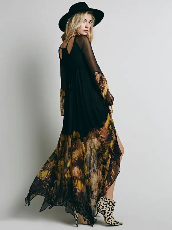 Bohemia Black Summer Casual Maxi Dresses 2018 A-Line / Princess Printing V-Neck Long Sleeve Ankle Length Womens Clothing