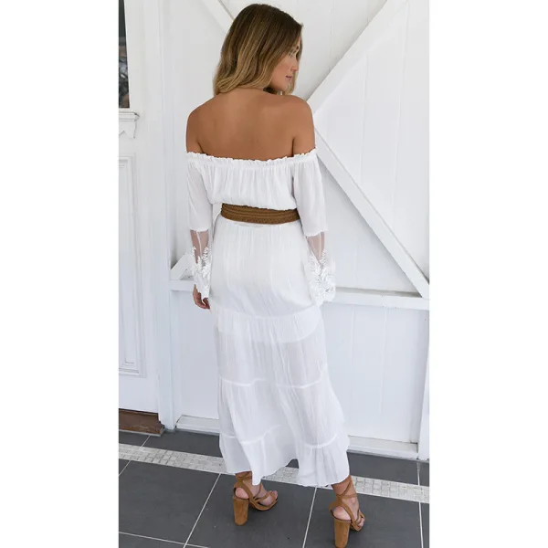 Böhmen Weiß Sommer Maxikleider A Linie 2018 Spitze Off Shoulder Lange Ärmel Wadenlang Damenbekleidung
