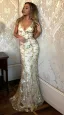 Sexy Argenté Robes longues 2018 Trompette / Sirène Glitter Paillettes Bretelles Spaghetti Dos Nu Manches Courtes Train De Balayage Vêtements Femme