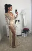 Sexy Champagner Maxikleider 2018 Durchsichtige Pailletten Gespaltete Front V-Ausschnitt Lange Ärmel Lange Damenbekleidung