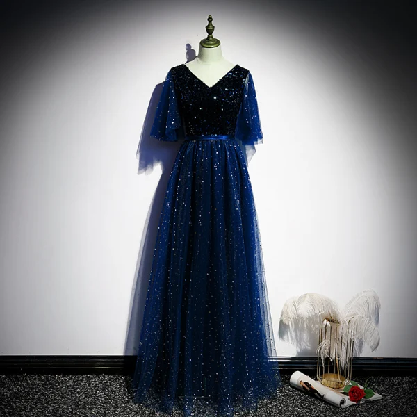 Vintage / Retro Dark Green Prom Dresses 2021 A-Line / Princess V-Neck 1/2 Sleeves Backless Floor-Length / Long Prom Formal Dresses