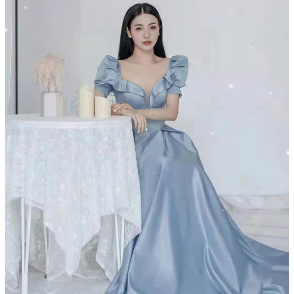 Elegant Sky Blue Satin Prom Dresses 2021 A-Line / Princess Ruffle Square Neckline Short Sleeve Backless Floor-Length / Long Prom Formal Dresses