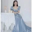 Elegant Sky Blue Satin Prom Dresses 2021 A-Line / Princess Ruffle Square Neckline Short Sleeve Backless Floor-Length / Long Prom Formal Dresses