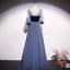 Elegant Ocean Blue Suede Pearl Prom Dresses 2021 A-Line / Princess Square Neckline 1/2 Sleeves Backless Floor-Length / Long Prom Formal Dresses