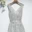 Chic / Beautiful Silver Bridesmaid Dresses 2017 A-Line / Princess Tea-length Lace Appliques Flower Pearl Crossed Straps V-Neck Sleeveless Bridesmaid