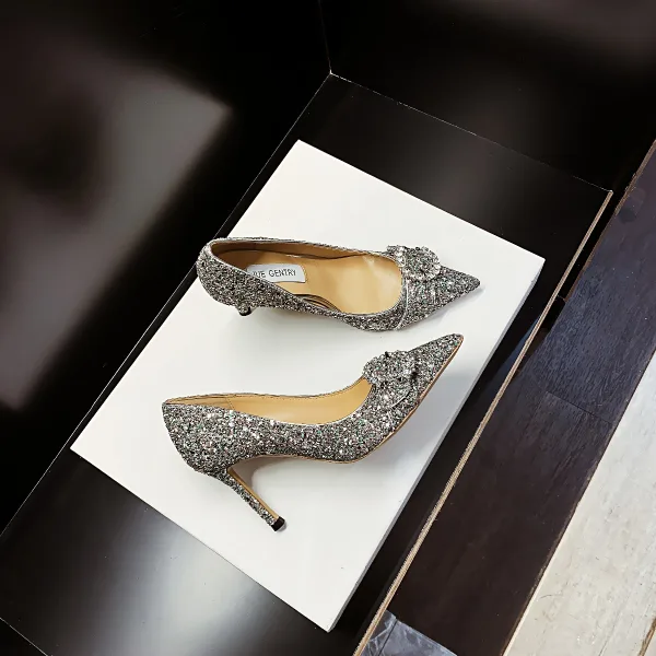 Glittrande Silver Rhinestone Paljetter Läder Brudskor 2021 9 cm Stilettklackar Spetsiga Bröllop Pumps Högklackade