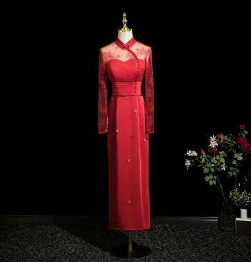 Vintage Retro Burgundy Lace Flower Trumpet Mermaid Prom Dresses 2025 High Neck Long Sleeve Floor Length Long Formal Dresses