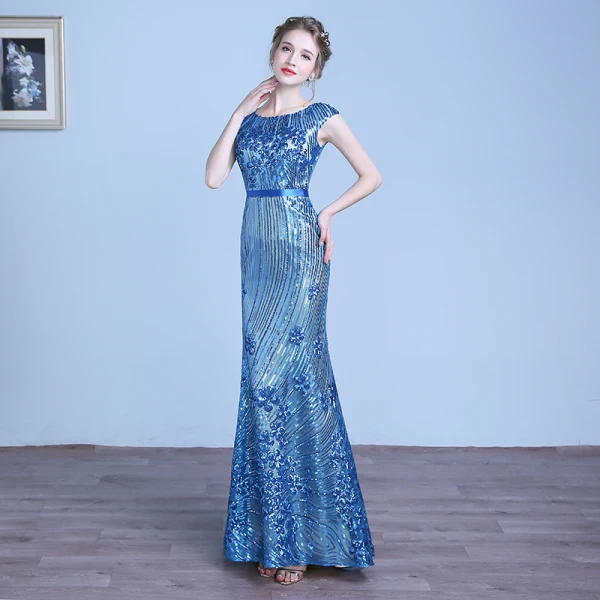 Sparkly Ocean Blue Evening Dresses 2018 Trumpet / Mermaid Lace Sequins Sash Scoop Neck Short Sleeve Floor-Length / Long Formal Dresses