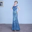 Sparkly Ocean Blue Evening Dresses  2018 Trumpet / Mermaid Lace Sequins Sash Scoop Neck Short Sleeve Floor-Length / Long Formal Dresses