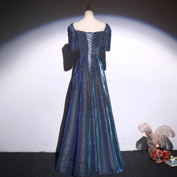 Scintillantes Océan Bleu Glitter Robe De Bal 2021 Princesse Encolure Carrée Manches Courtes Dos Nu Longue Promo Robe De Ceremonie
