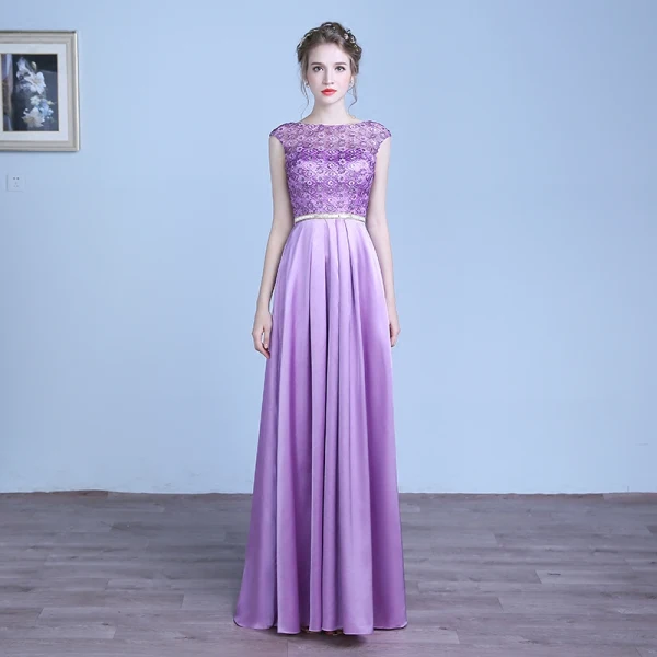 Chic / Belle Lilas Robe De Soirée 2018 Princesse En Dentelle Fleur Ceinture Encolure Dégagée Dos Nu Sans Manches Longue Robe De Ceremonie