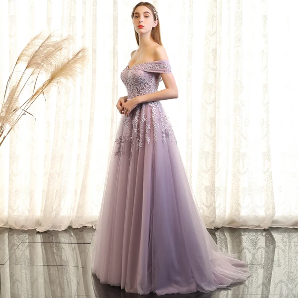 Elegant Lavender Prom Dresses 2018 A-Line / Princess Lace Flower Pearl Sash Off-The-Shoulder Short Sleeve Backless Floor-Length / Long Formal Dresses