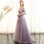 Elegant Lavender Prom Dresses 2018 A-Line / Princess Lace Flower Pearl Sash Off-The-Shoulder Short Sleeve Backless Floor-Length / Long Formal Dresses