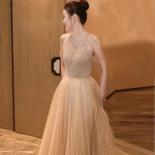 Charming Champagne Prom Dresses A-Line / Princess 2021 Halter Beading Tassel Sleeveless Backless Floor-Length / Long Prom Formal Dresses