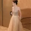 Charming Champagne Prom Dresses A-Line / Princess 2021 Halter Beading Tassel Sleeveless Backless Floor-Length / Long Prom Formal Dresses