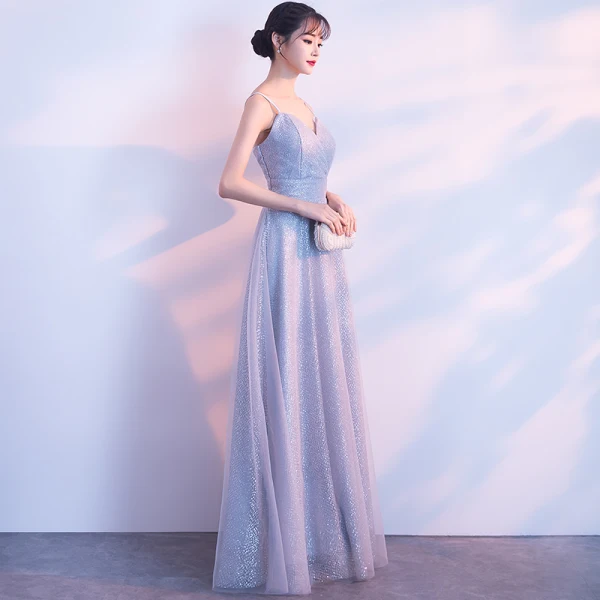 Elegant Grey Evening Dresses 2018 A-Line / Princess Glitter Tulle Spaghetti Straps Backless Sleeveless Floor-Length / Long Formal Dresses