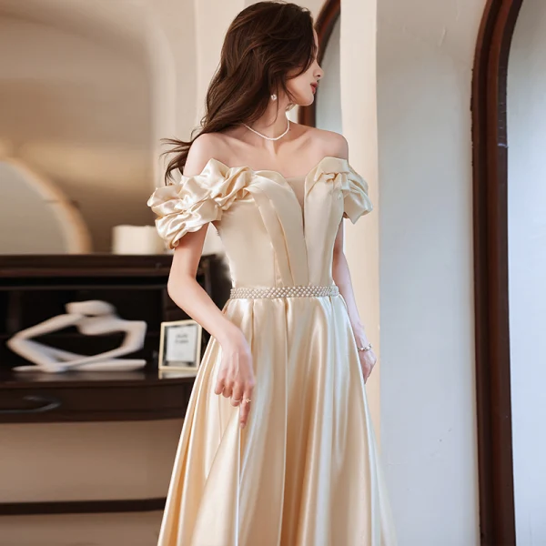Fashion Champagne Satin Prom Dresses 2021 A-Line / Princess Ruffle Off-The-Shoulder Pearl Sash Short Sleeve Backless Floor-Length / Long Prom Formal Dresses