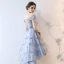 Modern / Fashion Grey Cocktail Dresses 2018 A-Line / Princess Asymmetrical Appliques Lace Bow Off-The-Shoulder Backless Short Sleeve Formal Dresses