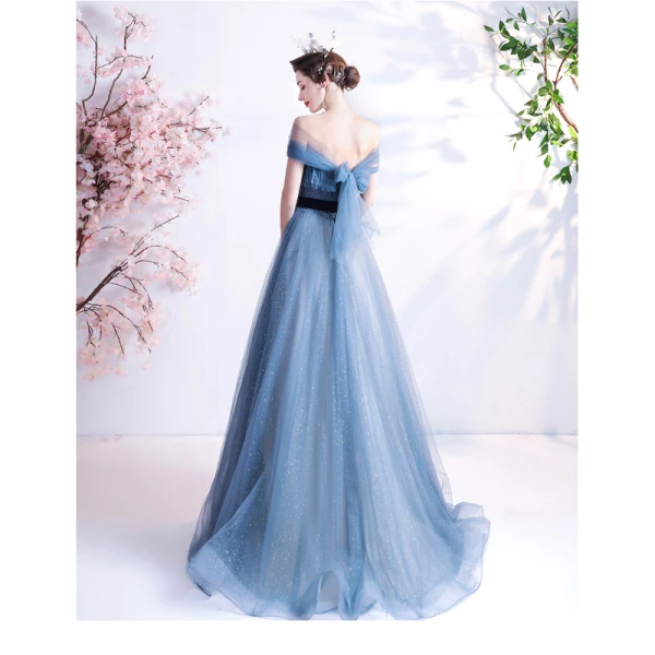 Chic / Beautiful Pool Blue Glitter Prom Dresses 2021 A-Line / Princess Off-The-Shoulder Short Sleeve Backless Bow Floor-Length / Long Prom Formal Dresses
