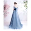 Chic / Beautiful Pool Blue Glitter Prom Dresses 2021 A-Line / Princess Off-The-Shoulder Short Sleeve Backless Bow Floor-Length / Long Prom Formal Dresses