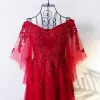 Chic / Beautiful Chinese style Red Evening Dresses  2017 Appliques Flower Lace Sequins Tulle Evening Party