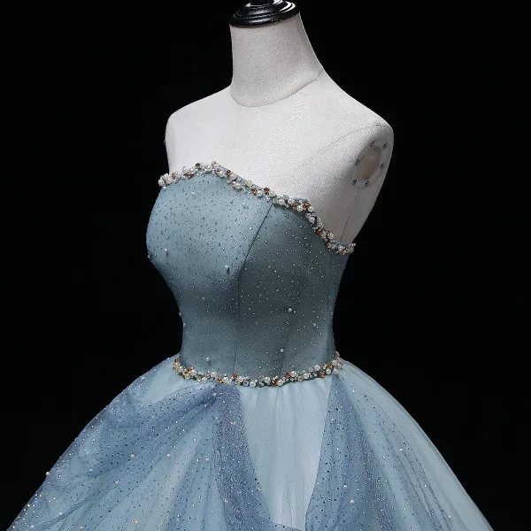 Chic / Beautiful Sky Blue Pearl Sequins Prom Dresses 2022 Ball Gown Strapless Sleeveless Backless Floor-Length / Long Formal Dresses