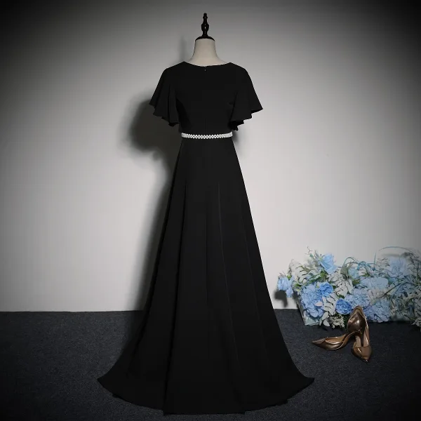 Elegant Sorte Perle Rhinestone Sløjfe Bælte Gallakjoler 2023 Prinsesse V-Hals Kort Ærme Lange Galla Kjoler