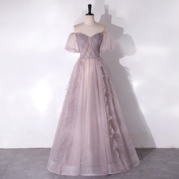 Chic / Beautiful Lavender Glitter Beading Prom Dresses 2024 A-Line / Princess Square Neckline Short Sleeve Backless Floor-Length / Long Prom Formal Dresses