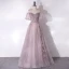 Chic / Beautiful Lavender Glitter Beading Prom Dresses 2024 A-Line / Princess Square Neckline Short Sleeve Backless Floor-Length / Long Prom Formal Dresses