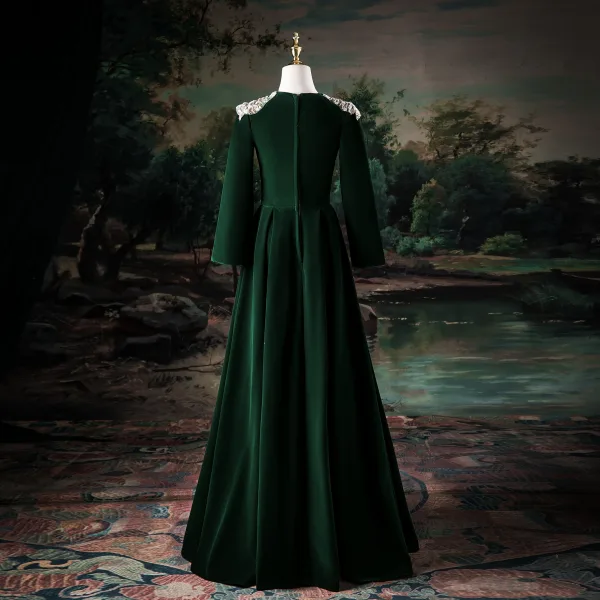Vintage / Retro Dark Green Beading Sequins Velvet Prom Dresses 2025 A-Line / Princess V-Neck Long Sleeve Floor-Length / Long Prom Formal Dresses