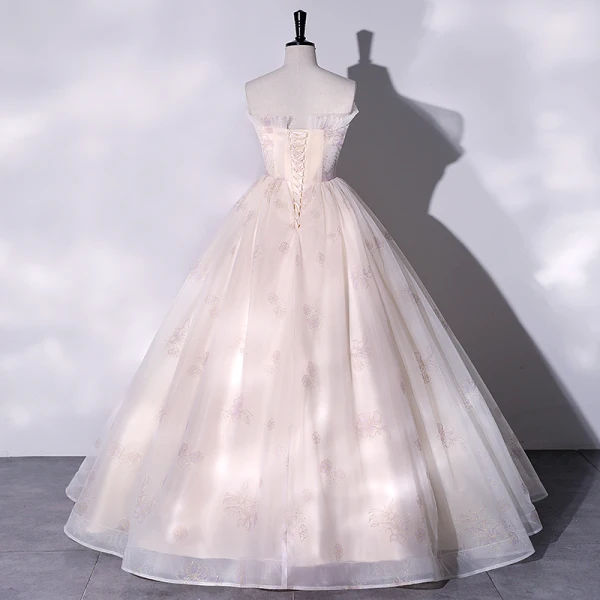 Chic / Beautiful Champagne Glitter Prom Dresses 2022 Ball Gown Strapless Sleeveless Backless Floor-Length / Long Formal Dresses