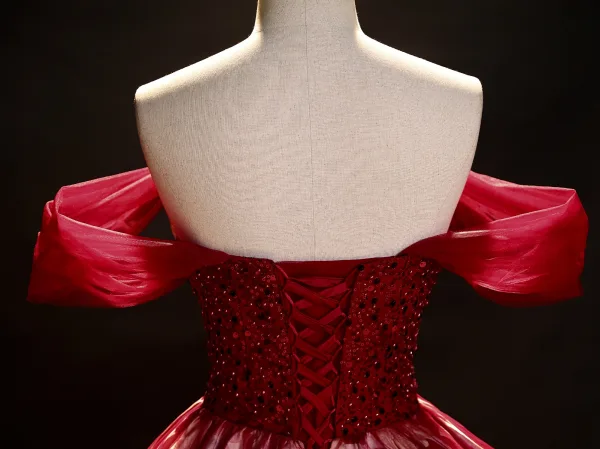 Chic / Beautiful Red Beading Pearl Sequins Printing Prom Dresses 2023 Ball Gown Off-The-Shoulder Sleeveless Backless Floor-Length / Long Prom Formal Dresses